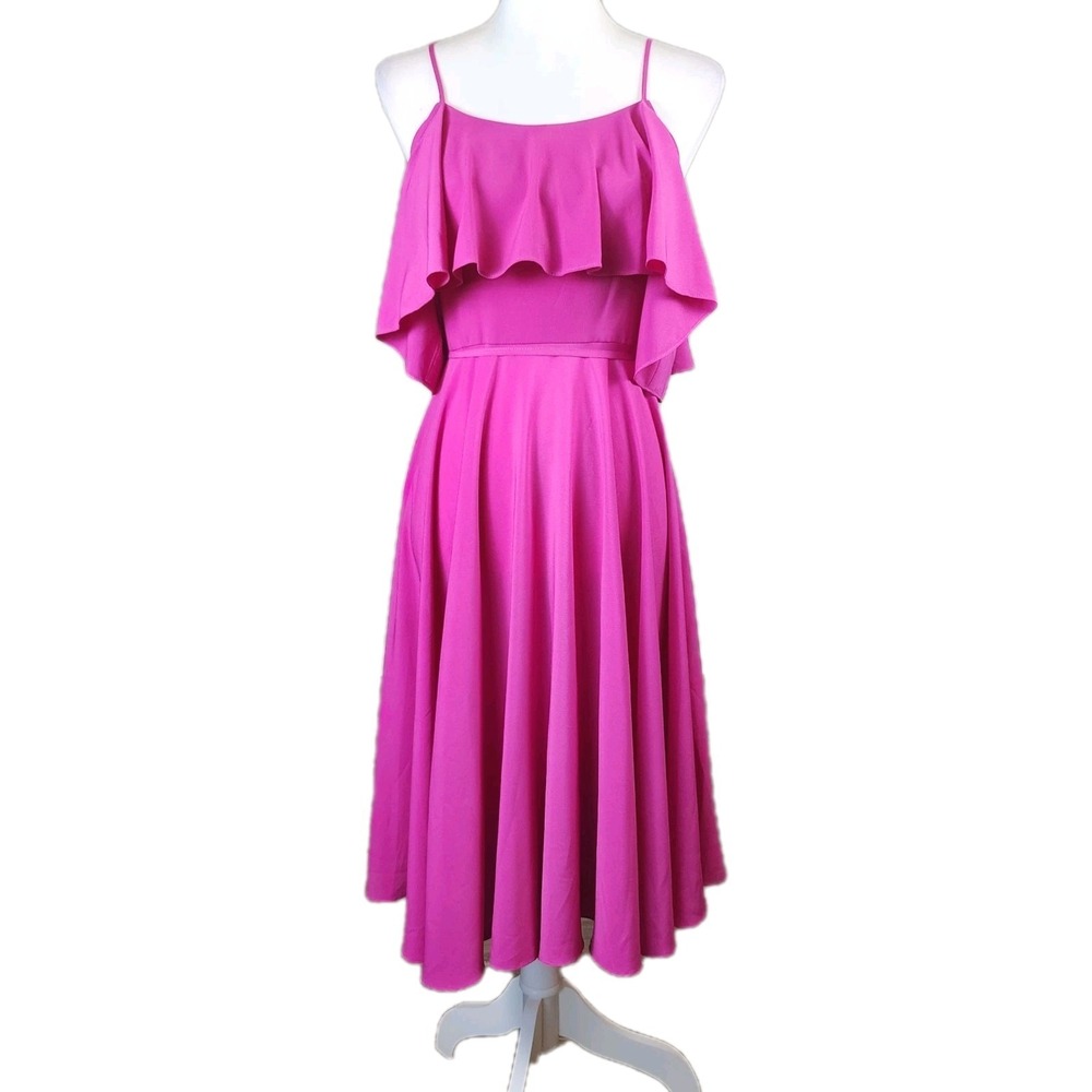 CeCe Fit Flare Off Shoulder Dress Womens 2 Pink Ruffle Spaghetti Straps Party